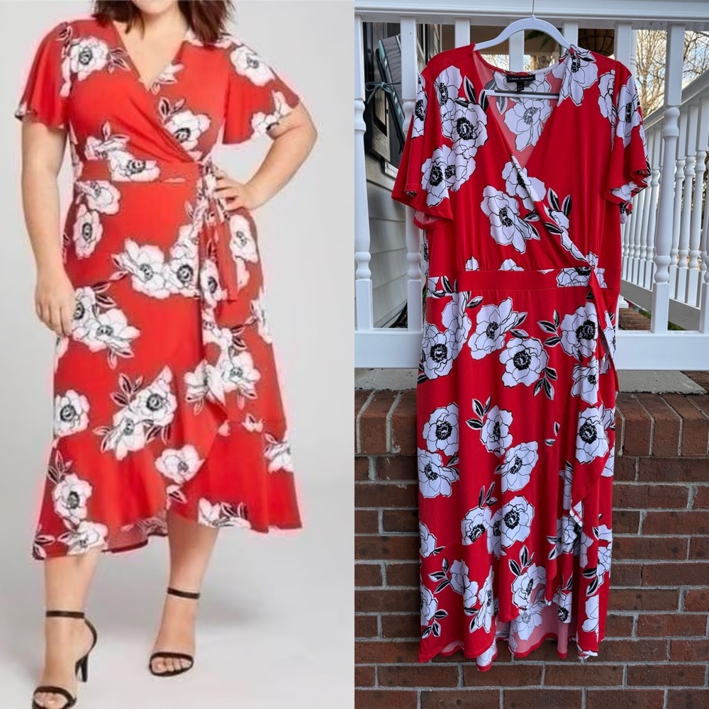 Lane Bryant Red Floral Wrap Midi Dress